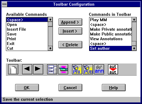 Figure: configuration of the toolbar